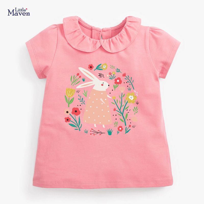 Áo Thun Bé Gái, Áo Cộc Tay Little Maven 100% Chất Cotton Mềm Mát Cho Bé 12-24kg Từ 2-7 Tuổi Hình Thỏ Hồng