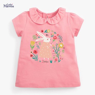 Áo Thun Bé Gái, Áo Cộc Tay Little Maven 100% Chất Cotton Mềm Mát Cho Bé 12-24kg Từ 2-7 Tuổi Hình Thỏ Hồng