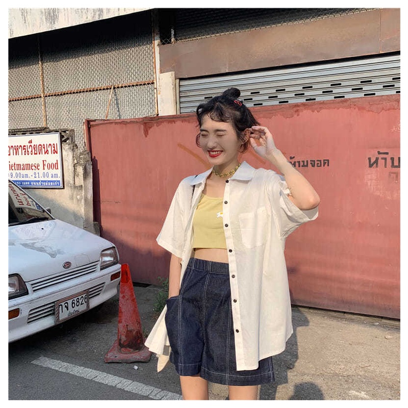 Áo Sơ Mi Ngắn Tay Màu Sắc Đơn Giản Phong Cách Retro