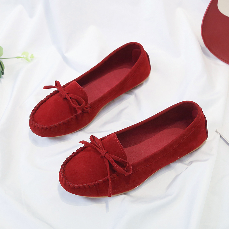 Giày bệt da lộn đế bằng chống trượt mũi tròn phối nơ nhiều kích thước tùy chọn cho nữ