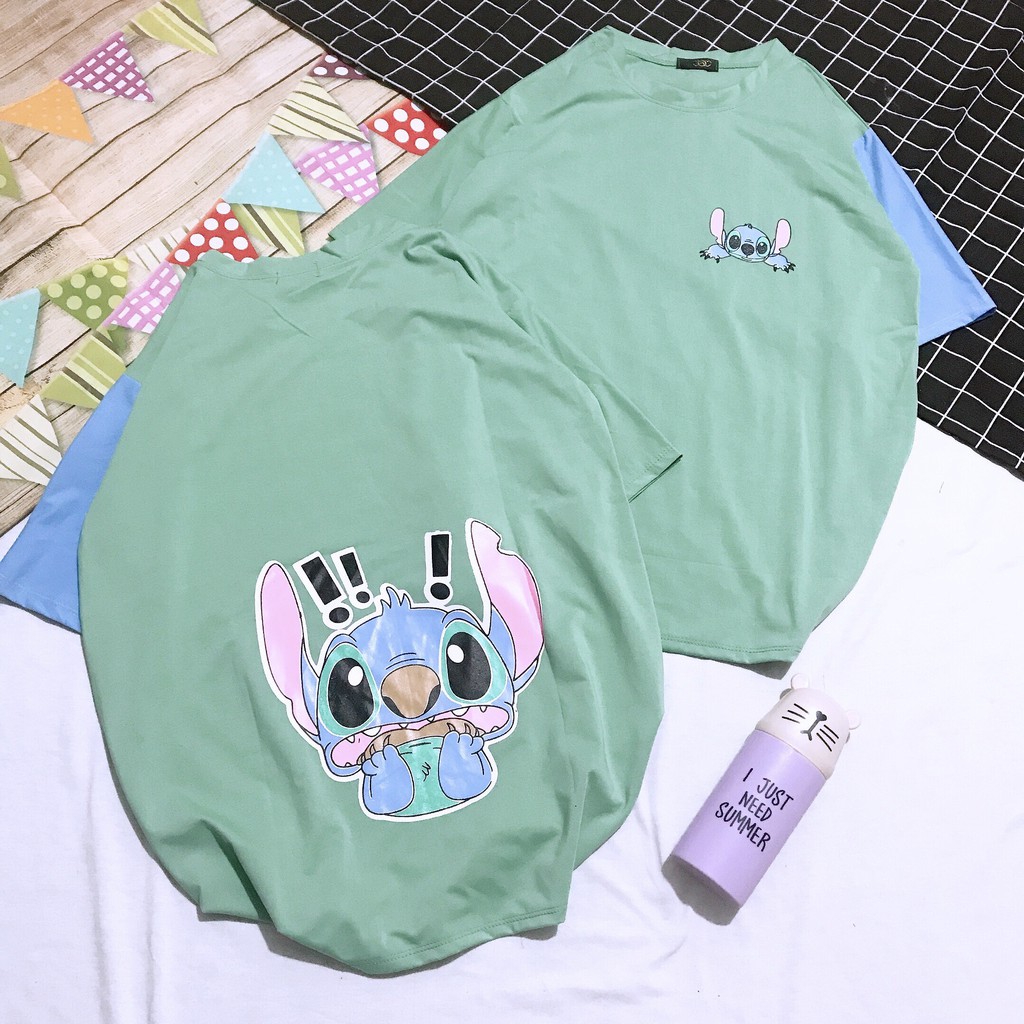 [HÀNG BÁN SHOP] Áo thun nữ form rộng tay lỡ, Áo form rộng nữ phối tay in hình Stitch cute