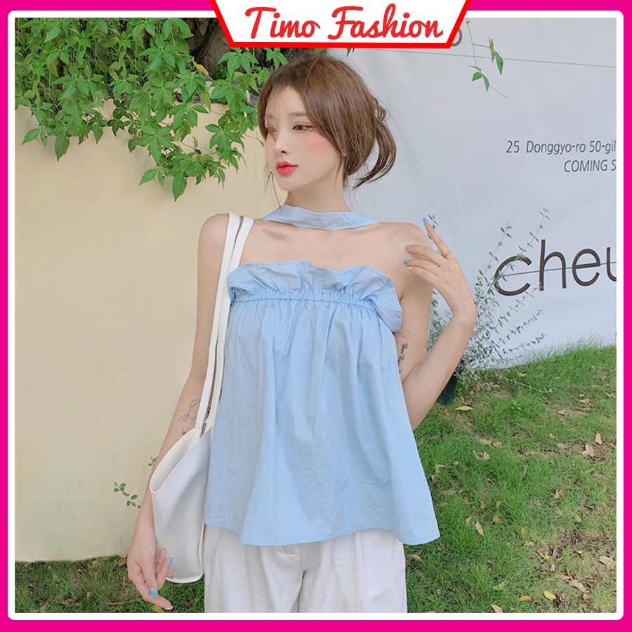 Áo trễ vai, áo kiểu nữ phối dây chồng cổ hở lưng viền bèo, croptop mặc đi chơi, đi biển, siêu xinh, AO005