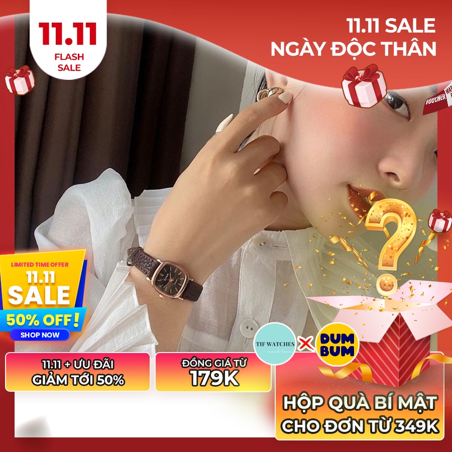 Đồng hồ nữ RATE mặt vuông nâu đậm mặt đen 22mm - nhỏ xinh, gói quà miễn phí
