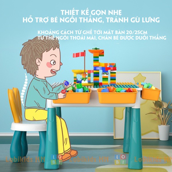 Bàn lego xây dựng lắp ghép đa năng, bao gồm 102 khối lắp ráp, 80 khối đồ chơi thả bi, 01 ghế tai thỏ cho bé - Lobikids