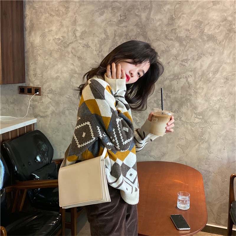 SUXI Áo sweater dáng rộng cổ cao họa tiết nhiều màu thời trang mùa thu cho nữ