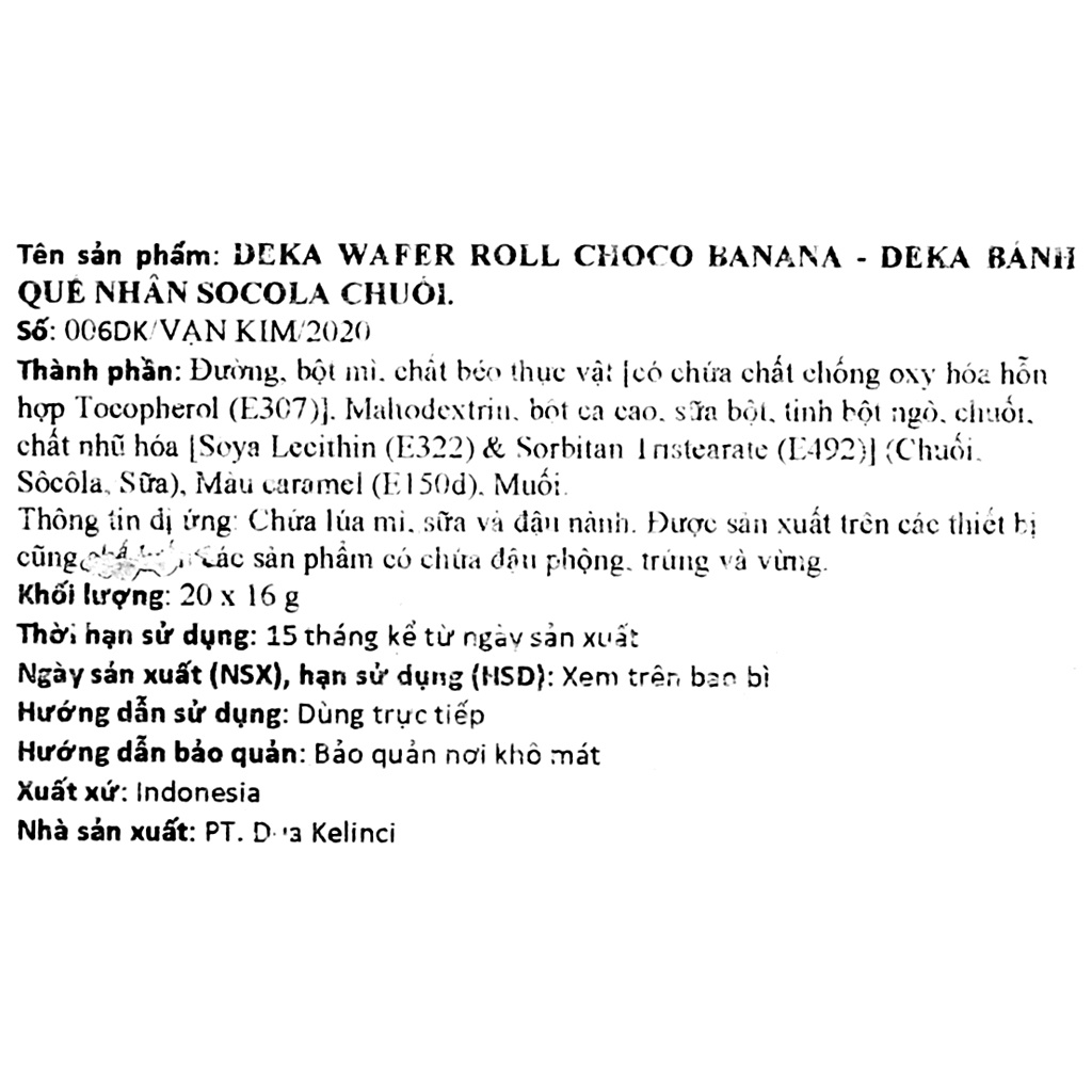 [Nhập khẩu Indonesia] Bánh quế Deka Socola Chuối 320g (20 x 16g) - GIÒN TAN kết hợp vị BÉO của Socola Chuối