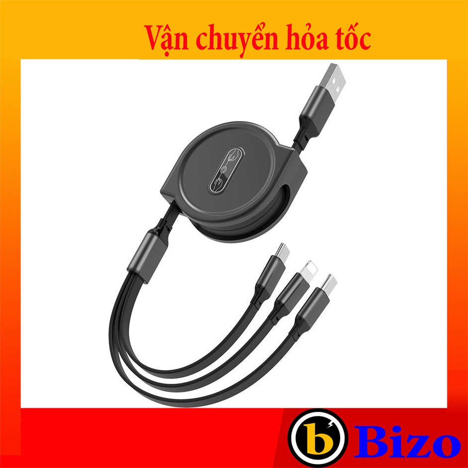 [SIÊU TIỆN ÍCH] Cáp sạc 3 đầu rút gọn siêu tiện ích, chân iphone, samsung, USB Type C