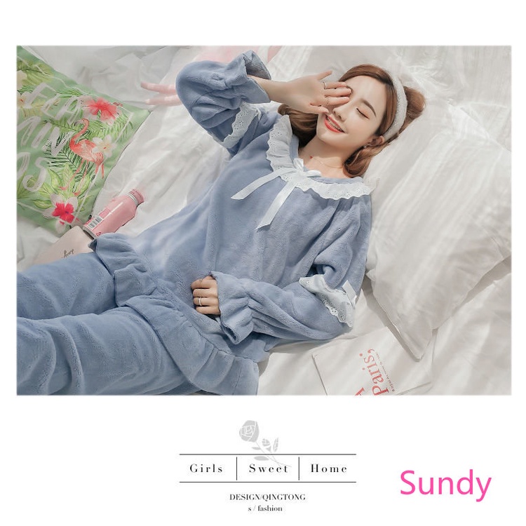 Bộ Đồ Ngủ Dài Tay Bằng Lông Cừu Thời Trang Mùa Thu Đông Dành Cho Nữ