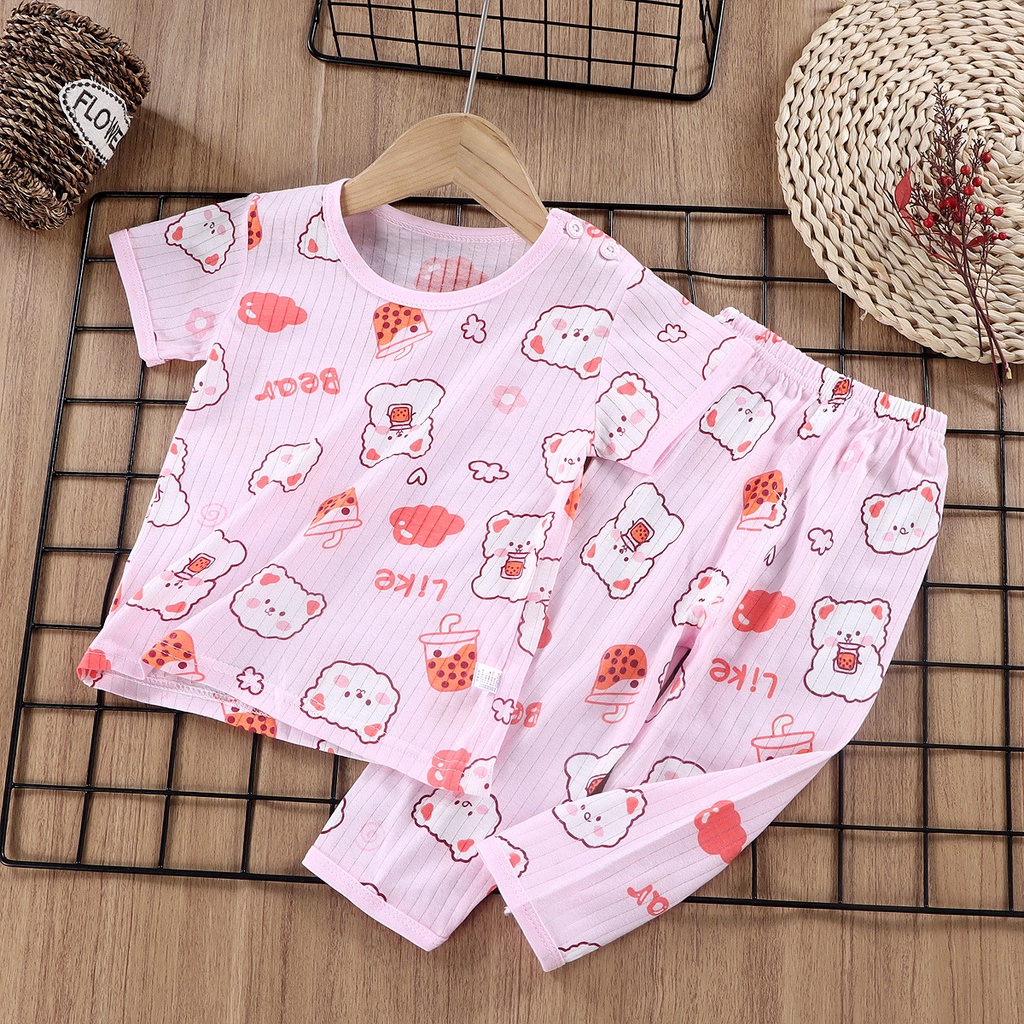 Bộ Đồ Ngủ Tay Ngắn Chất Cotton Mỏng Nhẹ Thời Trang Mùa Hè Xinh Xắn Cho Bé Gái 2178