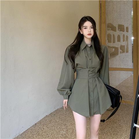 Đầm Sơ Mi Tay Dài Cổ Polo Thiết Kế Thắt Eo Màu Xanh Quân Đội Thời Trang Mới