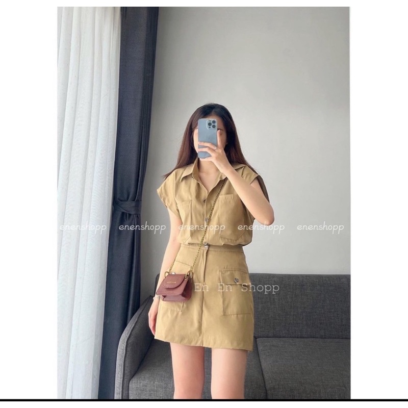 [Hàng sẵn] SET ÁO SƠ MI CHÂN VÁY KAKI BE CÚC SẮT