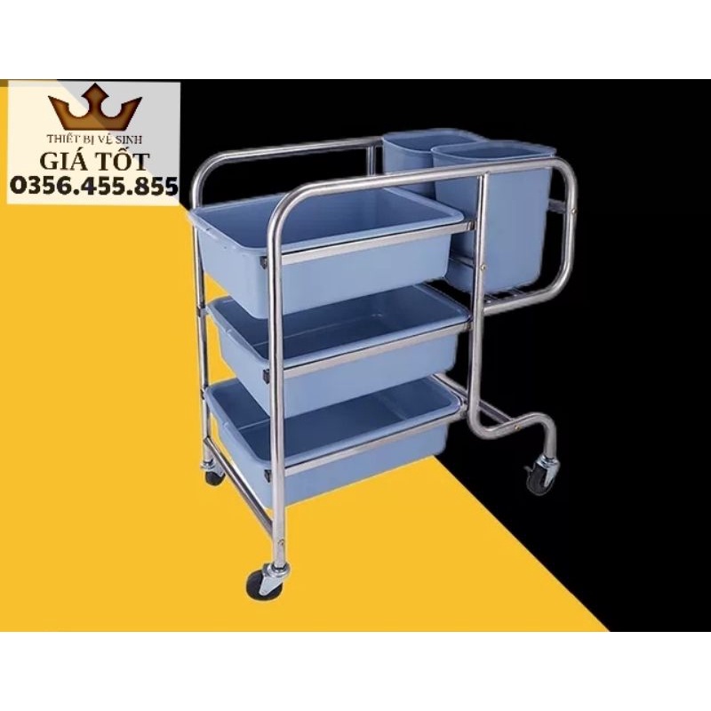 Xe đẩy thu dọn thức ăn,xe thu gom bát đũa 3 tầng inox chân cong