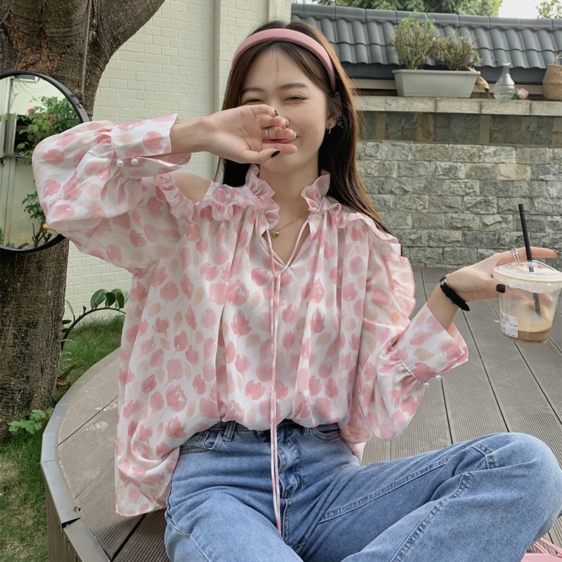 Áo kiểu BH chiffon dài tay phối dây in hoa thời trang mùa hè dành cho nữ 2022