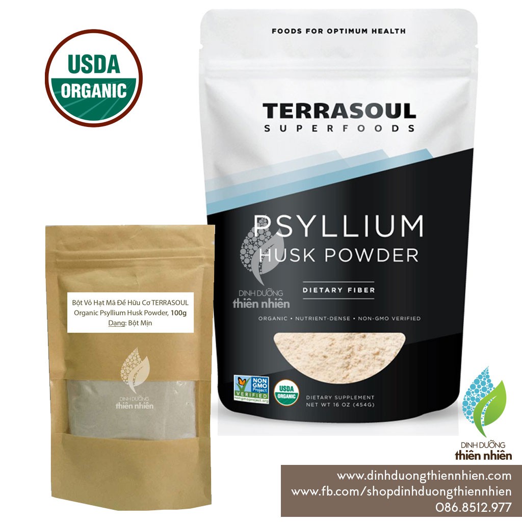 Bột Vỏ Hạt Mã Đề Hữu Cơ Terrasoul Organic Psyllium Husk Powder, 100g, DẠNG BỘT MỊN