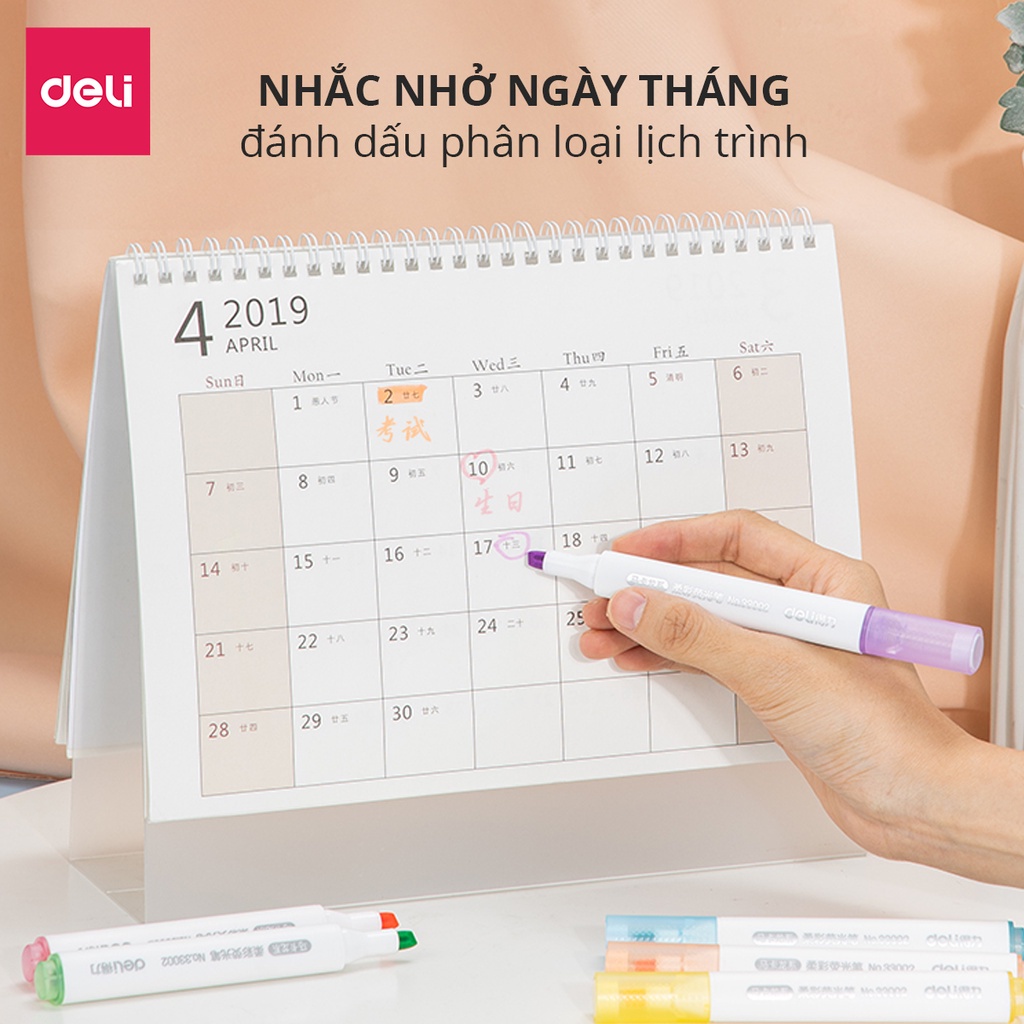 [Mã LIFEDELI20K5 giảm 20K đơn 0Đ] Bút highlight dạ quang ghi nhớ dấu dòng Deli hộp 6 chiếc - 33002