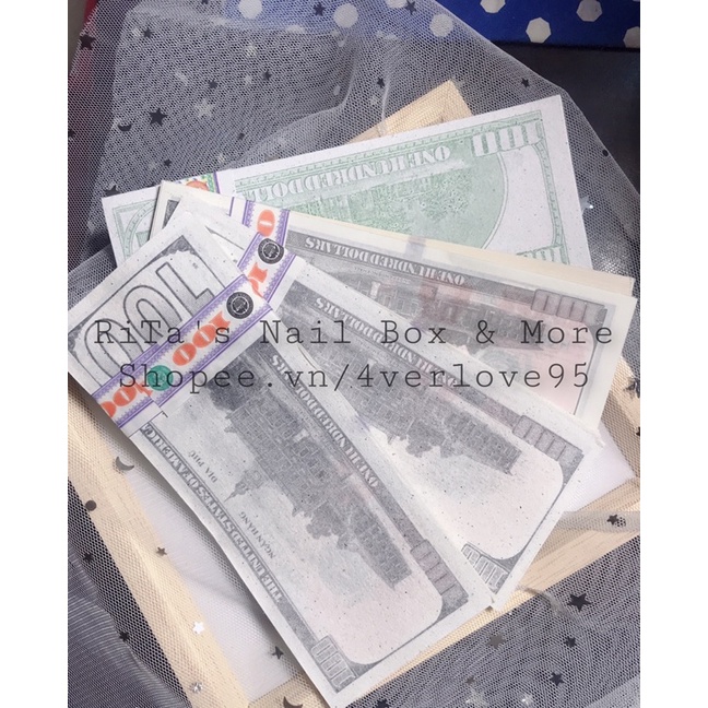 Set 20 tờ Giấy ẩn gel hình tờ đô_ Đô la nail ẩn móng tay gel, bột