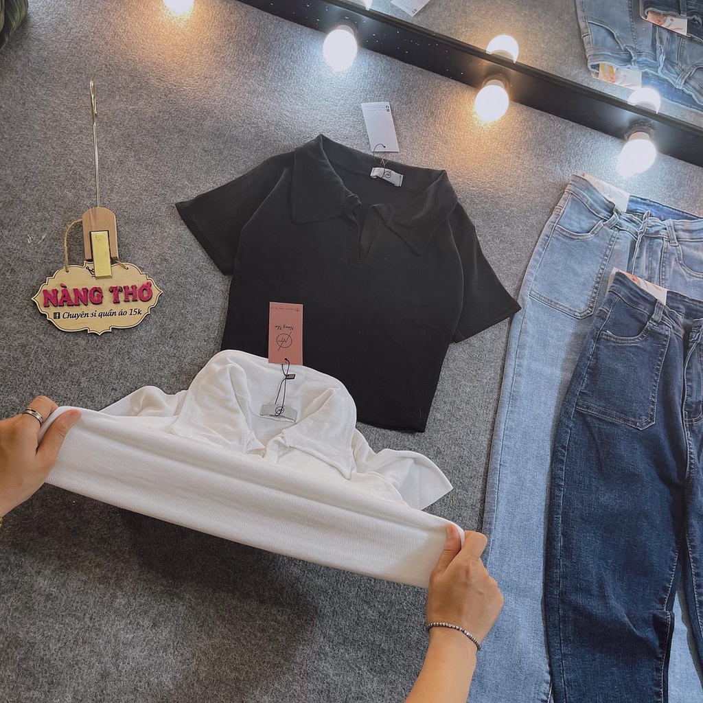 Áo croptop cổ bẻ chất gân tăm siêu có giãn
