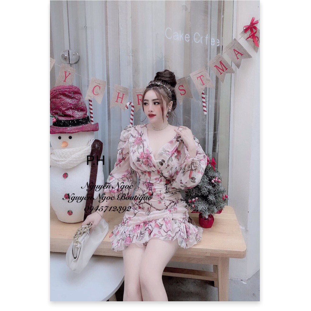 Đầm tiểu thư tay phồng, ngực đắp chéo chữ V, mặc đi chơi đi tiệc siêu sang chảnh, váy 2 lớp đầy đặn khôn