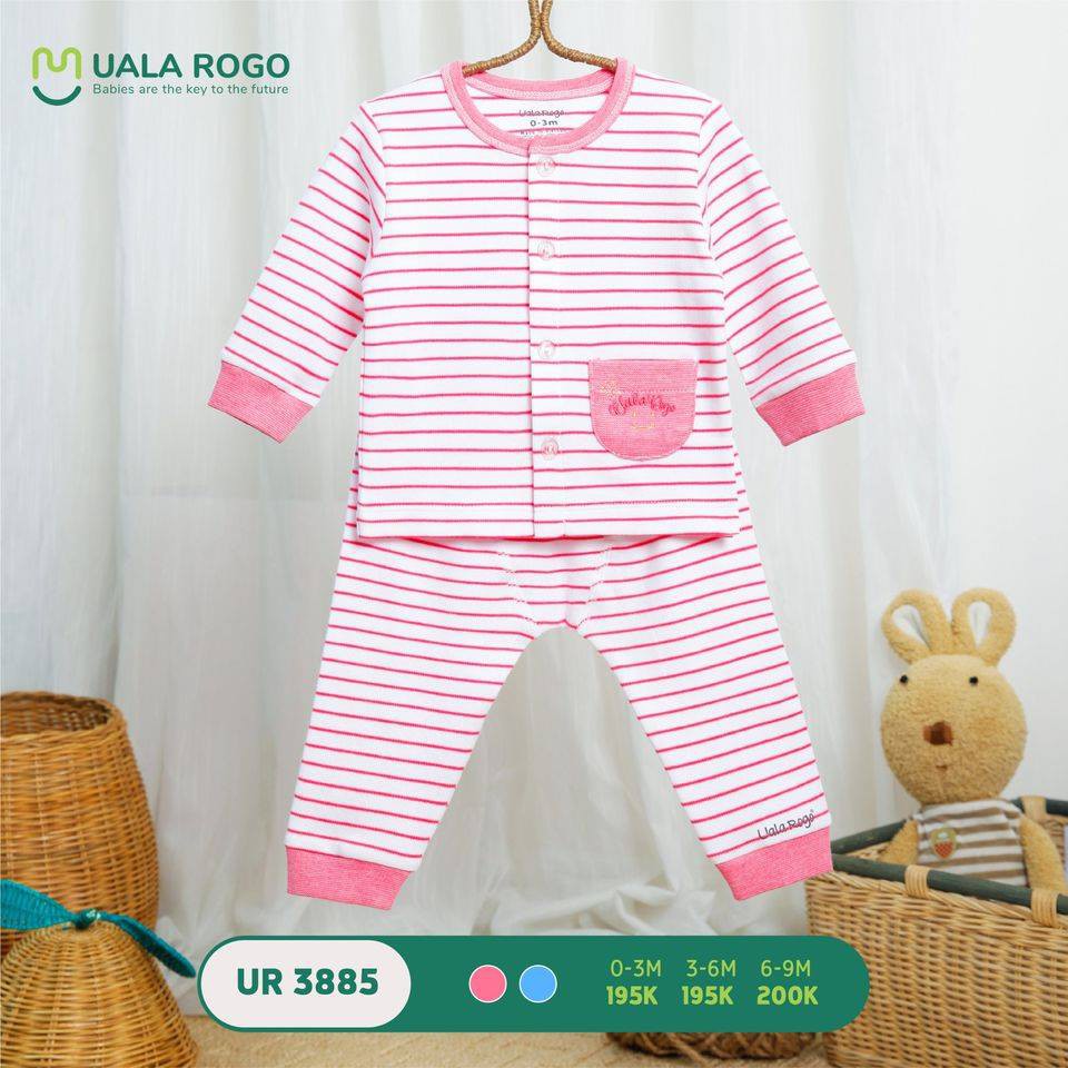 Bộ q.a sơ sinh nỉ mỏng thu đông trơn phối kẻ cao cấp bé trai bé gái Uala Lapomme 3885
