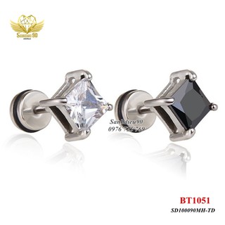 Bông tai titan nữ mặt vuông đá đen trắng