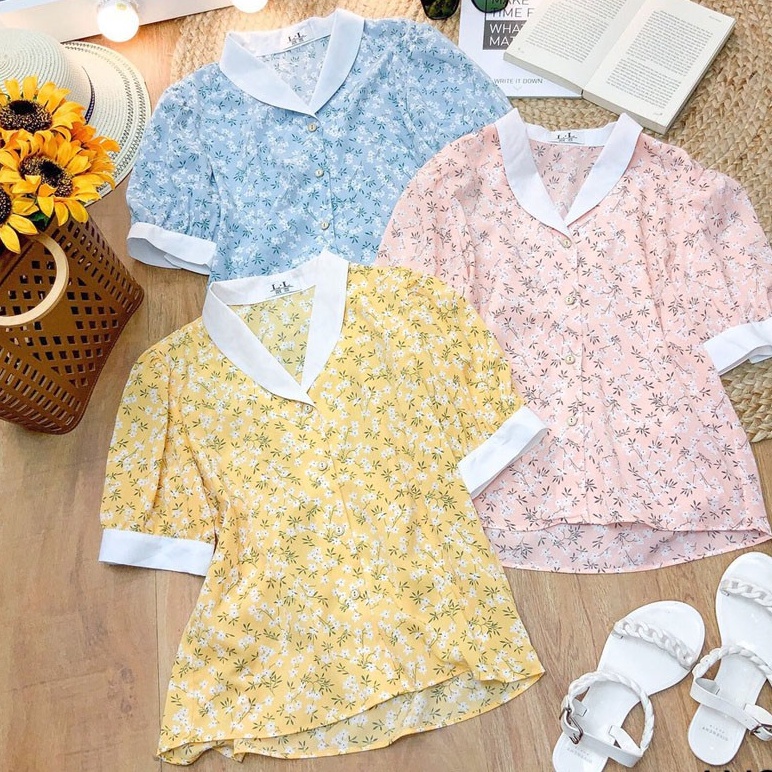 Áo sơ mi hoa MIMIX tay ngắn phồng phối cổ V trắng dạo phố AN2115