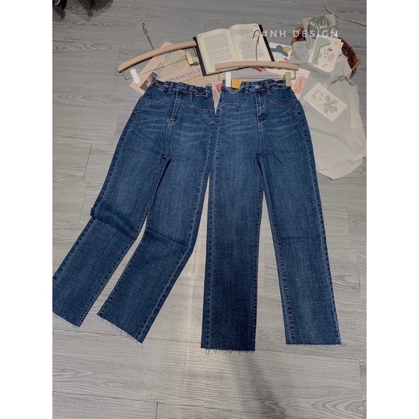 Quần jeans suông giãn pha cạp xích oze