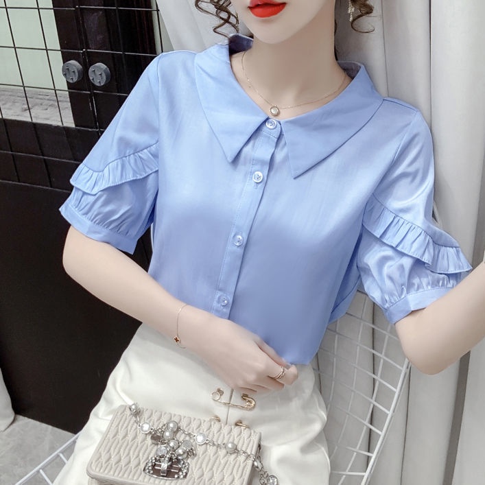 Áo Sơ Mi Voan Tay Ngắn Cổ Bẻ Phối Bèo Màu Xanh Dương Thời Trang Mùa Hè Cho Nữ 0K6I