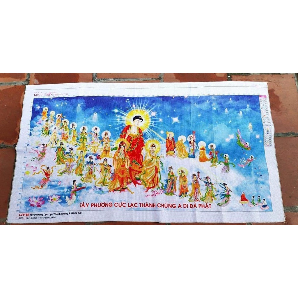Tranh thêu chữ thập phật tây phương cực lạc KT:113x63cm, tranh chưa thêu.Tặng kéo và xỏ chỉ.