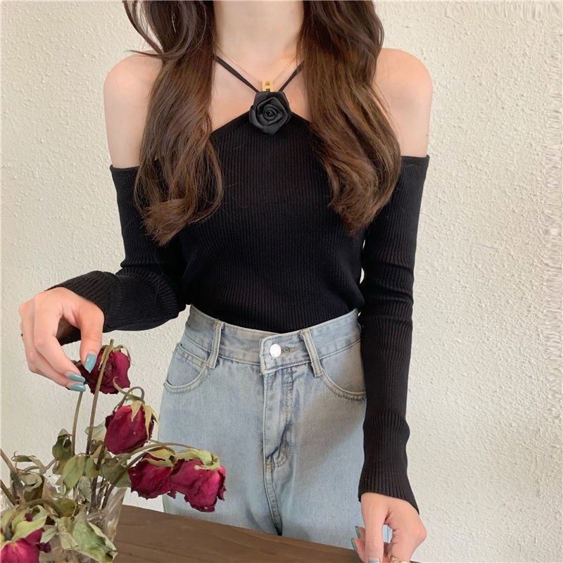 Áo len nữa kiểu trễ vai 2 dây phối nơ freesize