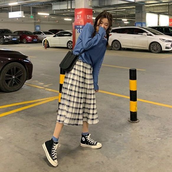 Korean Style Women's Retro Plaid Elastic Casual Plaid Skirt