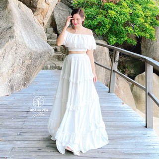HOANGYEN - Set đầm maxi lụa trắng chân váy bèo tầng phối áo trể vai