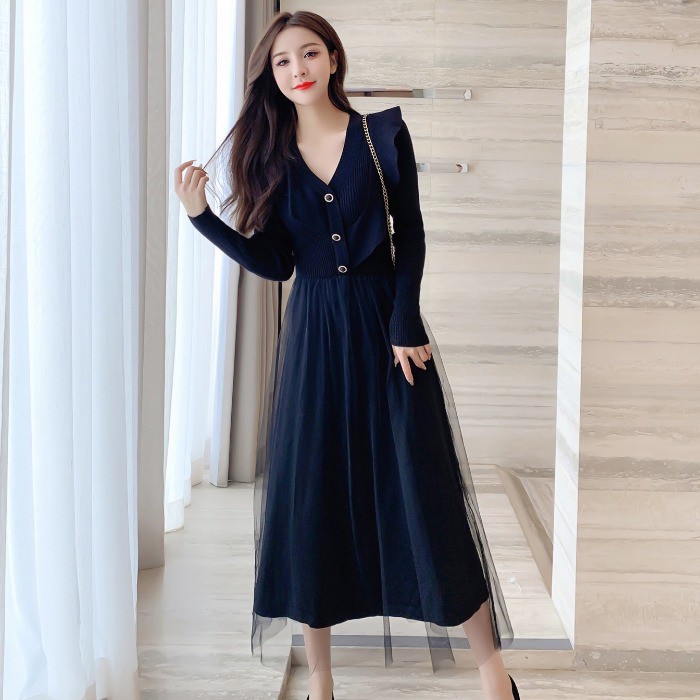 Đầm len phối voan tiểu thư sang chảnh váy len montoghi