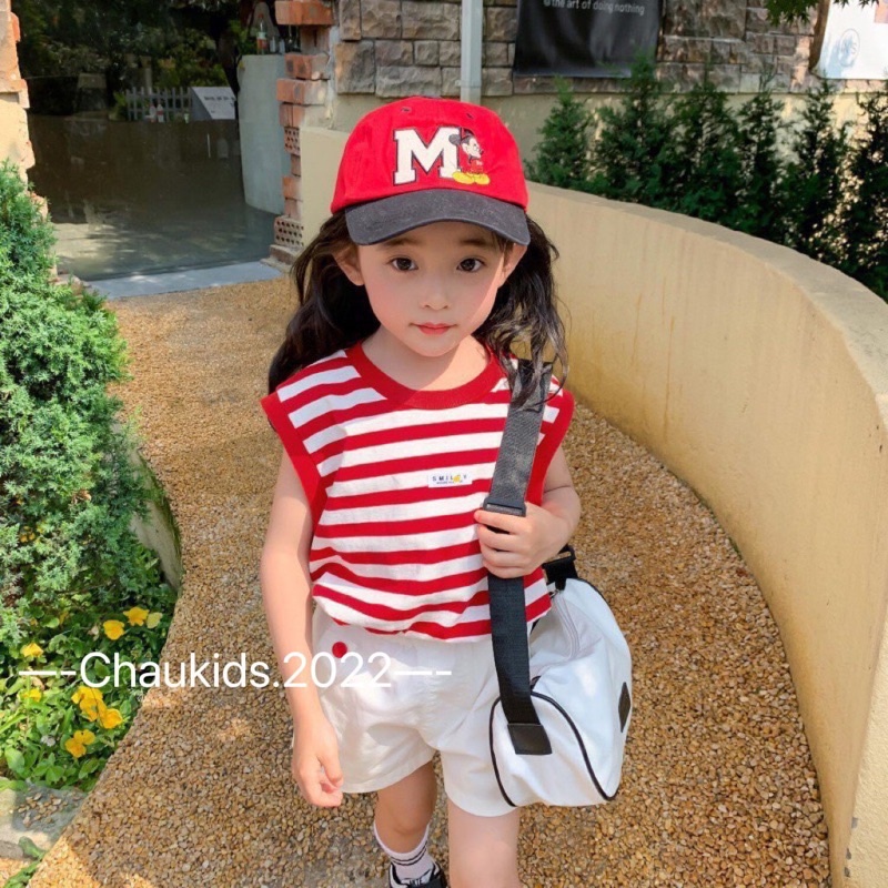 Set áo kẻ đỏ quần sooc trắng cho bé gái