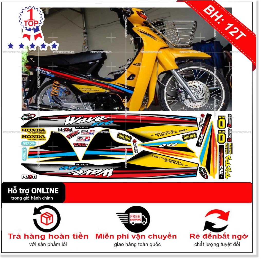 ( Quí khách vui lòng mang ra tiệm cho thợ dán ) Tem wave nhỏ đời đầu 110 vàng đen