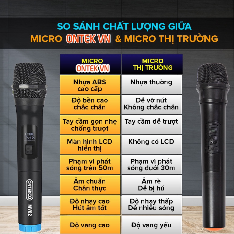 Bộ micro không dây ONTEKCO MV02 - Chuyên Hát Karaoke cho Âm Ly Loa Kéo. Chống Hú. Hát vang. Hát nhẹ Bảo hành 12 tháng