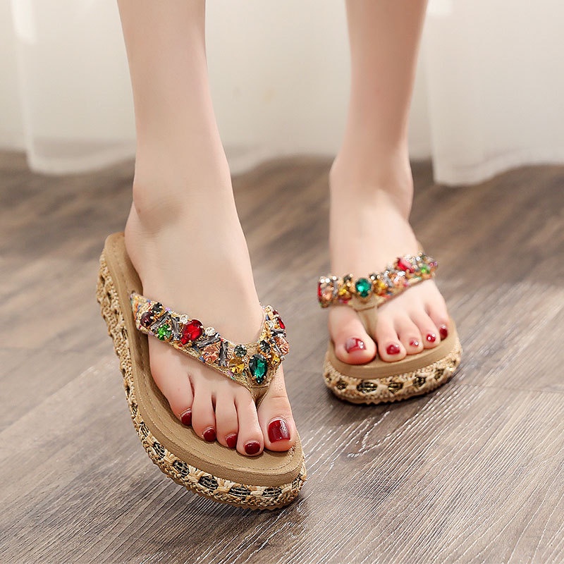 Dép Xỏ Ngón Đế Dày Đính Kim Cương Phong Cách Bohemian Dành Cho Nữ Mang Đi Biển