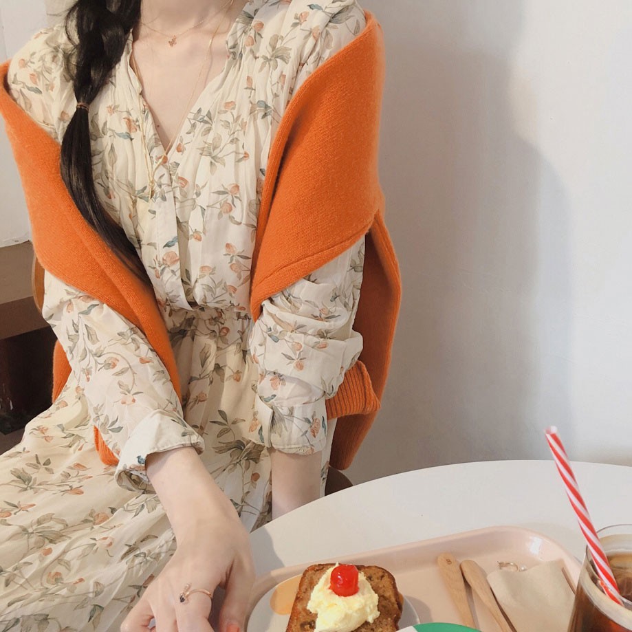 Đầm chiffon Peppermint 29892 cổ chữ V ôm eo họa tiết hoa thời trang cho nữ