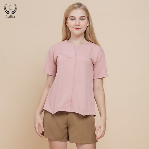 Áo thun nữ Callia cổ v đắp Hami ( Hồng )