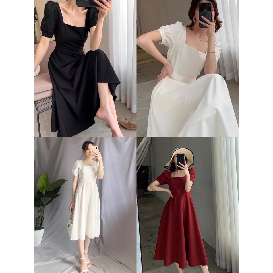 Đầm Nữ Tay Bồng Vintage - Váy Nữ Dáng Xòe Cổ Vuông Đáng Yêu kèm video ảnh thật, Vaycovuongcoc125