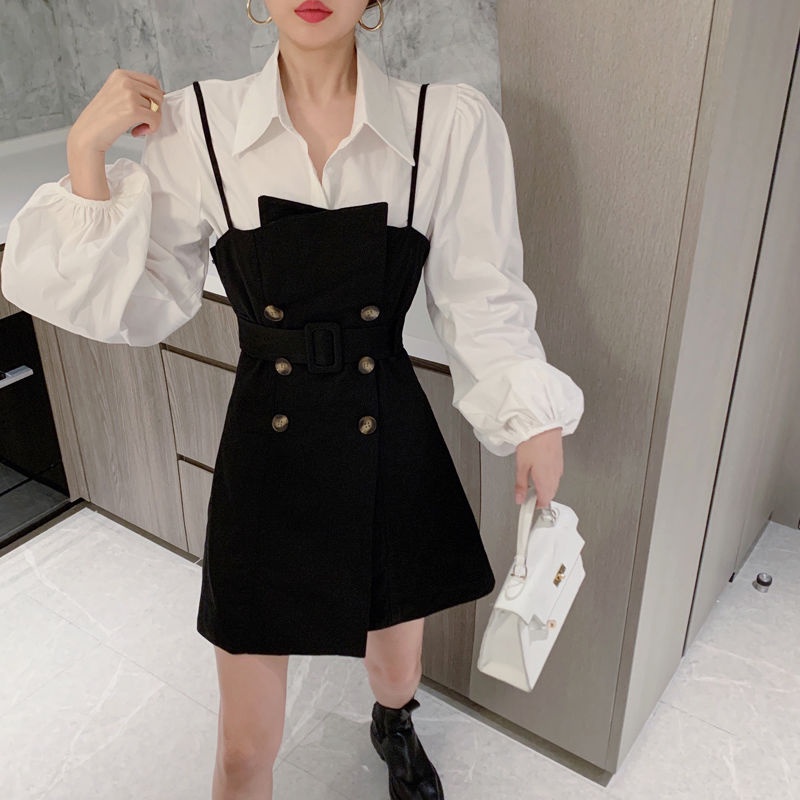 Set áo sơ mi trắng dài tay và đầm yếm phong cách Hàn Quốc cổ điển