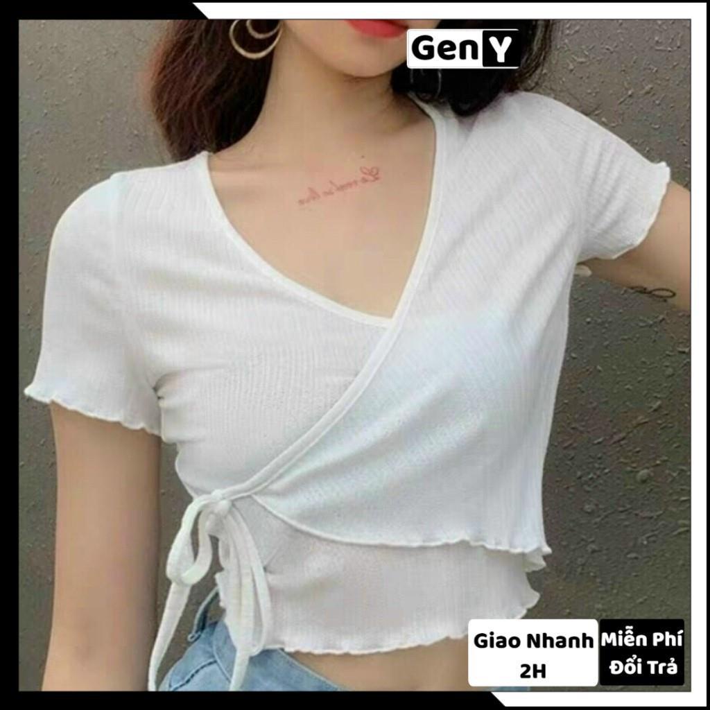 Áo Croptop Nữ Đắp Chéo Tà GenY Áo Kiểu Nữ Cổ V Chất Len Tăm Dày Dặn