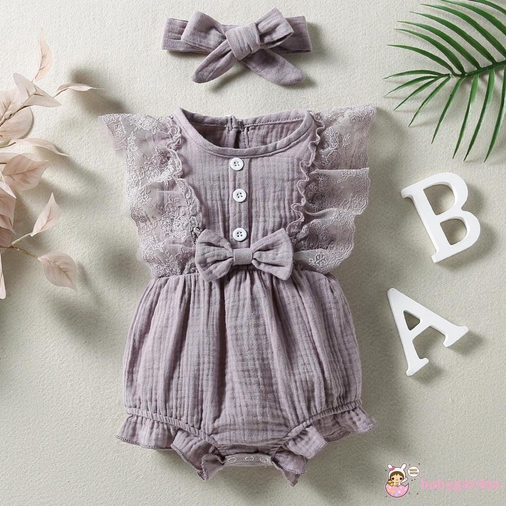 Bộ Áo Liền Quần Cổ Tròn Không Tay Phối Ren Dễ Thương Cho Bé 0-24 Tháng Tuổi