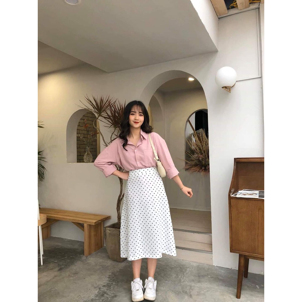 CHÂN VÁY CHẤM BI VINTAGE ĐEN TRĂNG ULZZANG