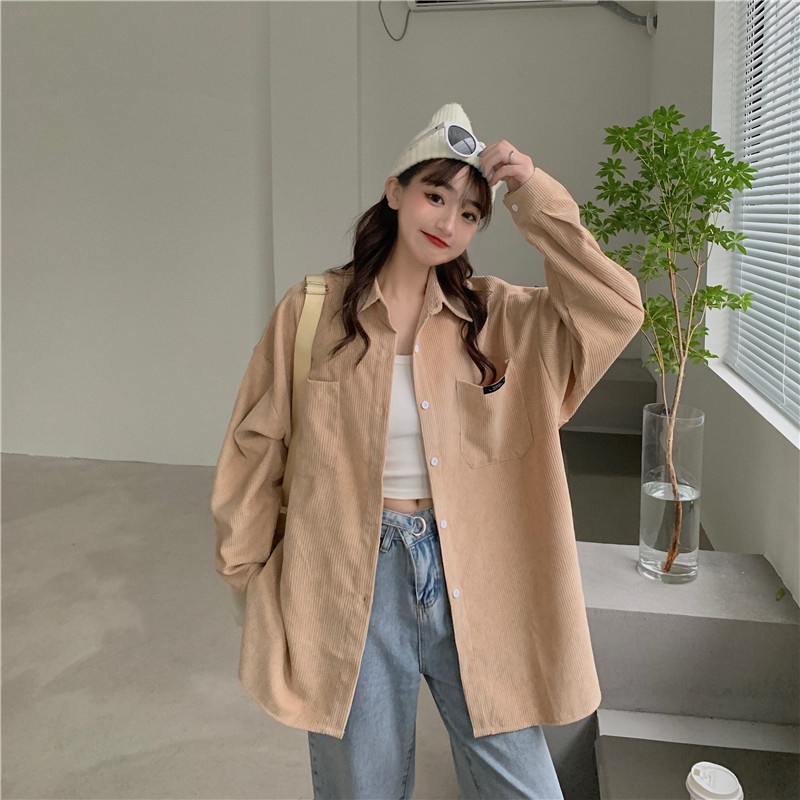 Áo khoác SUXI vải nhung tăm dáng rộng màu trơn retro Hàn Quốc cho nữ