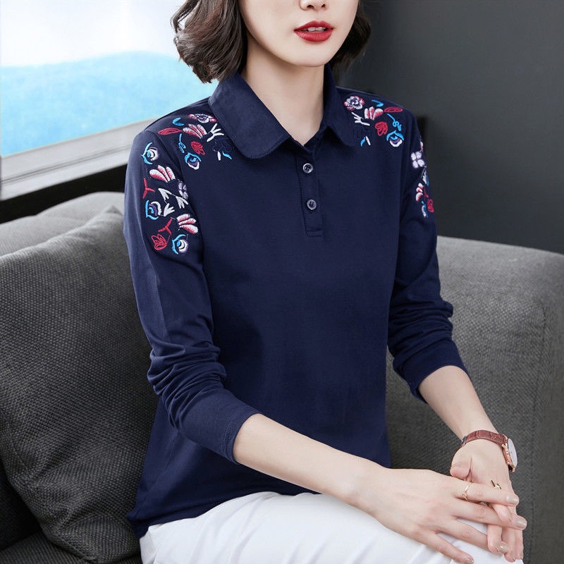 Áo polo 100% cotton Tay Dài Thêu Họa Tiết Thời Trang Mùa Thu Dành Cho Nữ Trung Niên 2022
