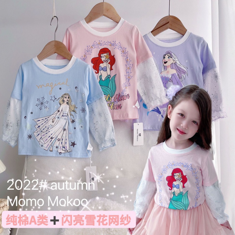 Áo Thun Tay Dài Giả Hai Lớp Phối Lưới In Họa Tiết Hoạt Hình Dễ Thương Cho Bé Gái