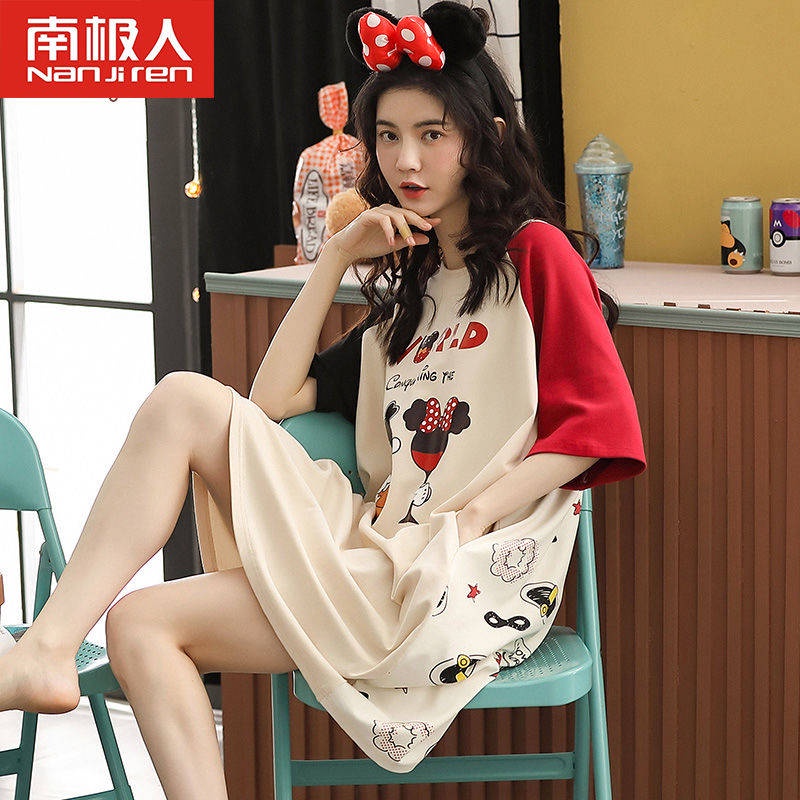 Đầm Ngủ Tay Ngắn Chất Cotton Mỏng Nhẹ In Họa Tiết Hoạt Hình Dễ Thương Thời Trang Mùa Hè Cho Nữ