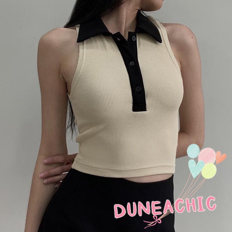 DUNEA Áo Dệt Kim Cổ Polo Màu Khối Thời Trang Cho Nữ