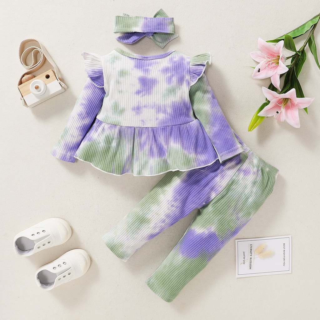 Bộ 3 món MIKRDOO Áo tay dài và Quần kèm Băng đô bằng cotton dành cho bé gái sơ sinh/ tập đi