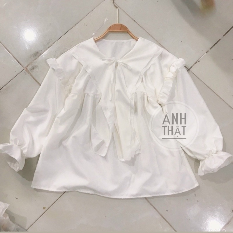 Áo Bánh Bèo Nữ Màu Trắng Bèo Cổ Và Vai Cực Xinh, Áo Tiểu Thư Quốc Dân Mẫu Mới Siêu Sịn Sò